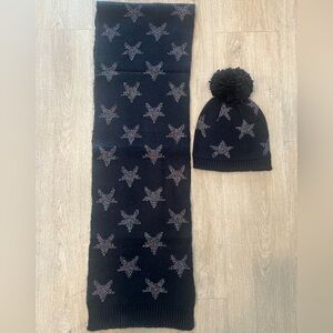 New Guess Black Star Patterned Scarf and Hat Set